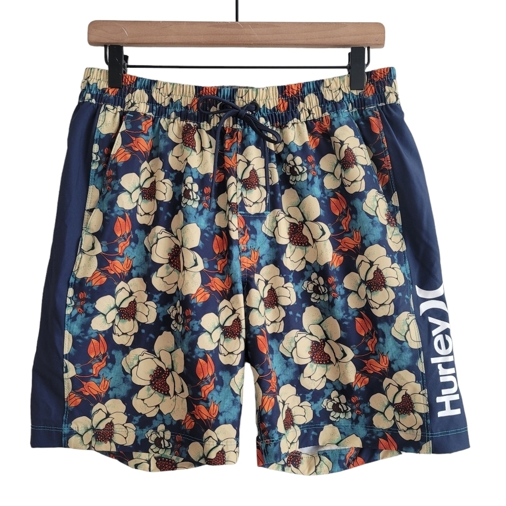 Hurley Men Medium Lined Swim Trunks Blue Board Shorts